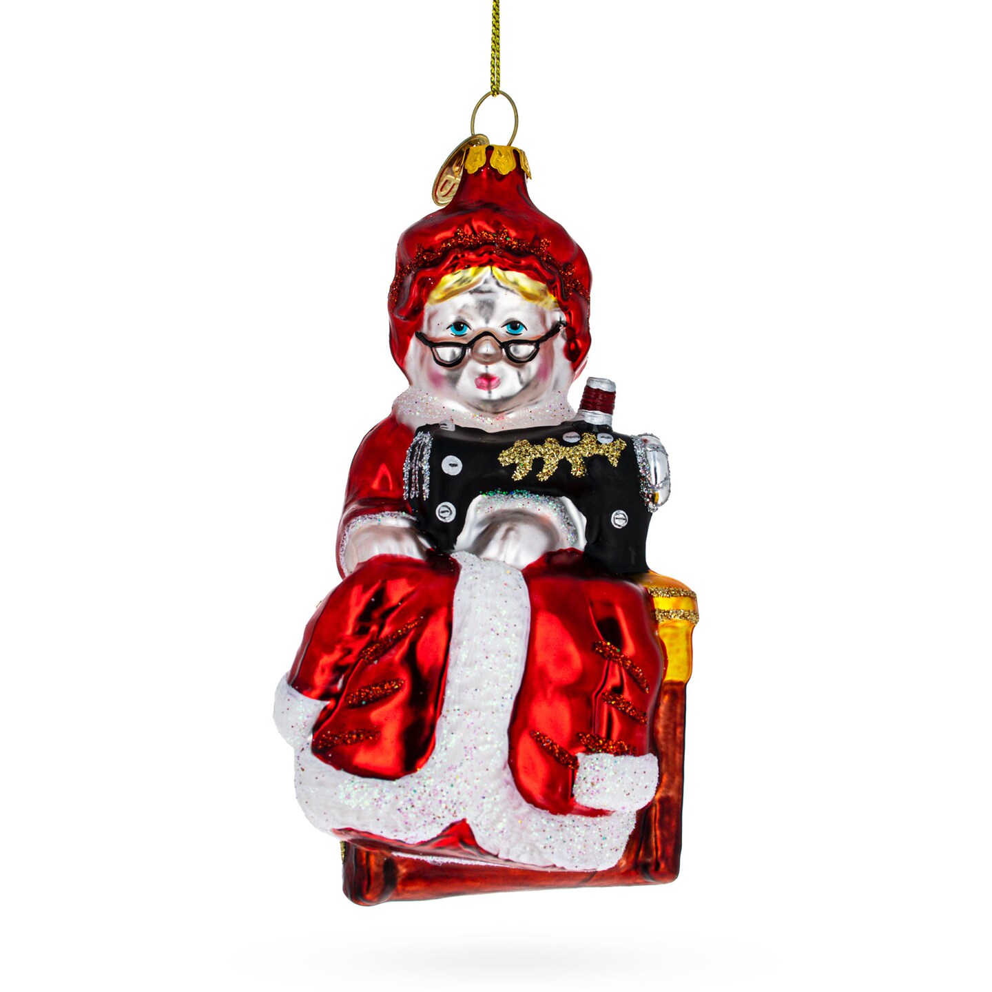 Diligent Mrs. Claus and Sewing Machine Blown Glass Christmas Ornament