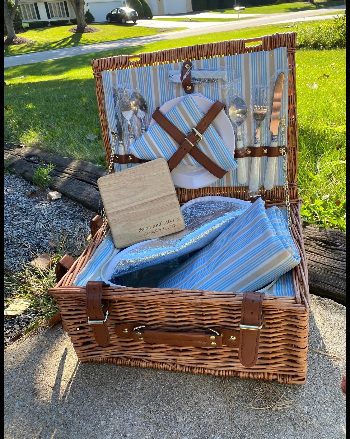 product name is Engraved Honey picnic basket, custom anniversary gift, date night gift, gifts for couples