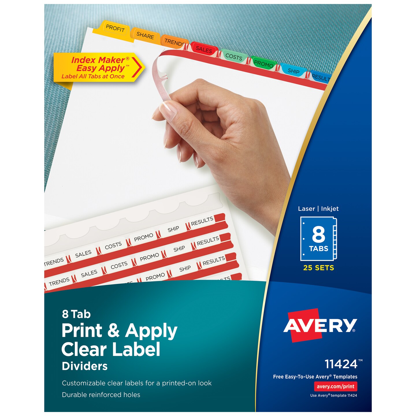 Avery 8 Tab Dividers for 3 Ring Binder, Easy Print & Apply Clear Label Strip, Index Maker Customizable Multicolor Tabs, 25 Sets (11424)