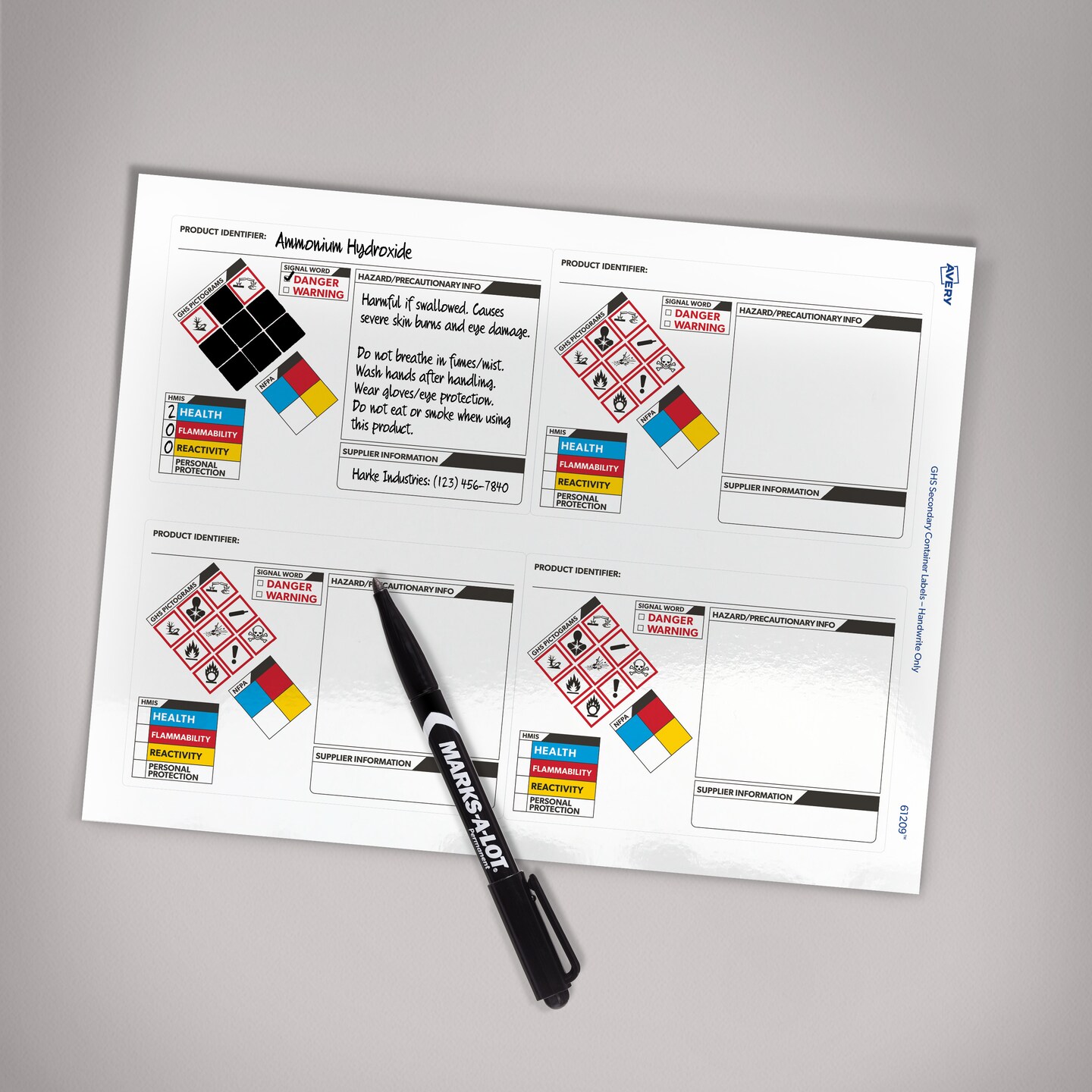 Avery GHS Secondary Container Labels, Pre-Printed, Handwrite Only, 3.5" x 5", 100 Labels (61209)