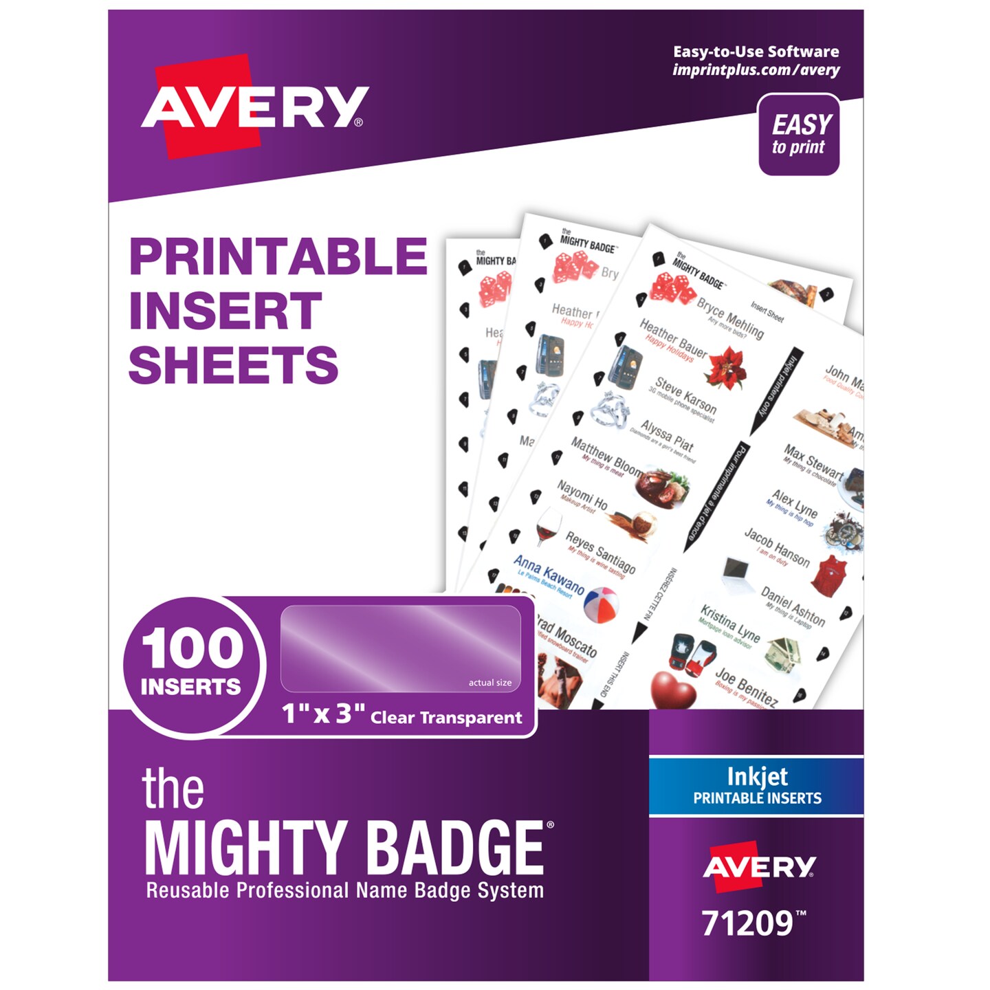 The Mighty Badge by Avery Printable Insert Sheets, 1&#x22; x 3&#x22; ID Badges, 100 Clear Inserts (5 Sheets) for Inkjet Printers (71209)