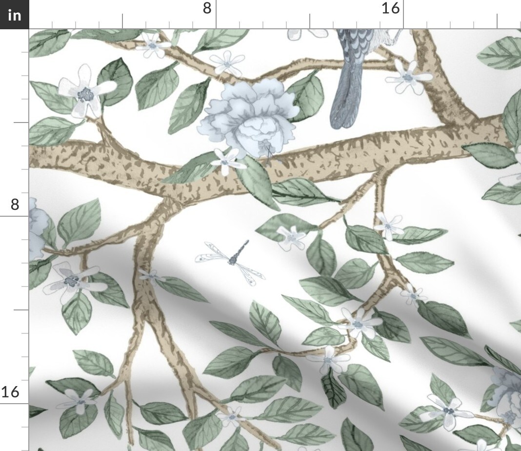 Botanical Nature Floral Blue Green Tree Spring Bird Large Scale Art Nouveau Chinoiserie Custom Printed Fabric by Spoonflower Various Fabrics by the Yard or Fat Quarter