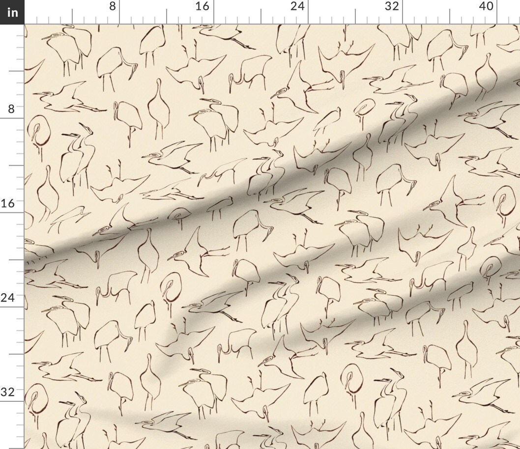 Japanese Birds Hand Drawn Ukiyo-E Traditional Beige Sketch Neutral Cream Outline Custom Printed Fabric by Spoonflower Various Fabrics by the Yard or Fat Quarter
