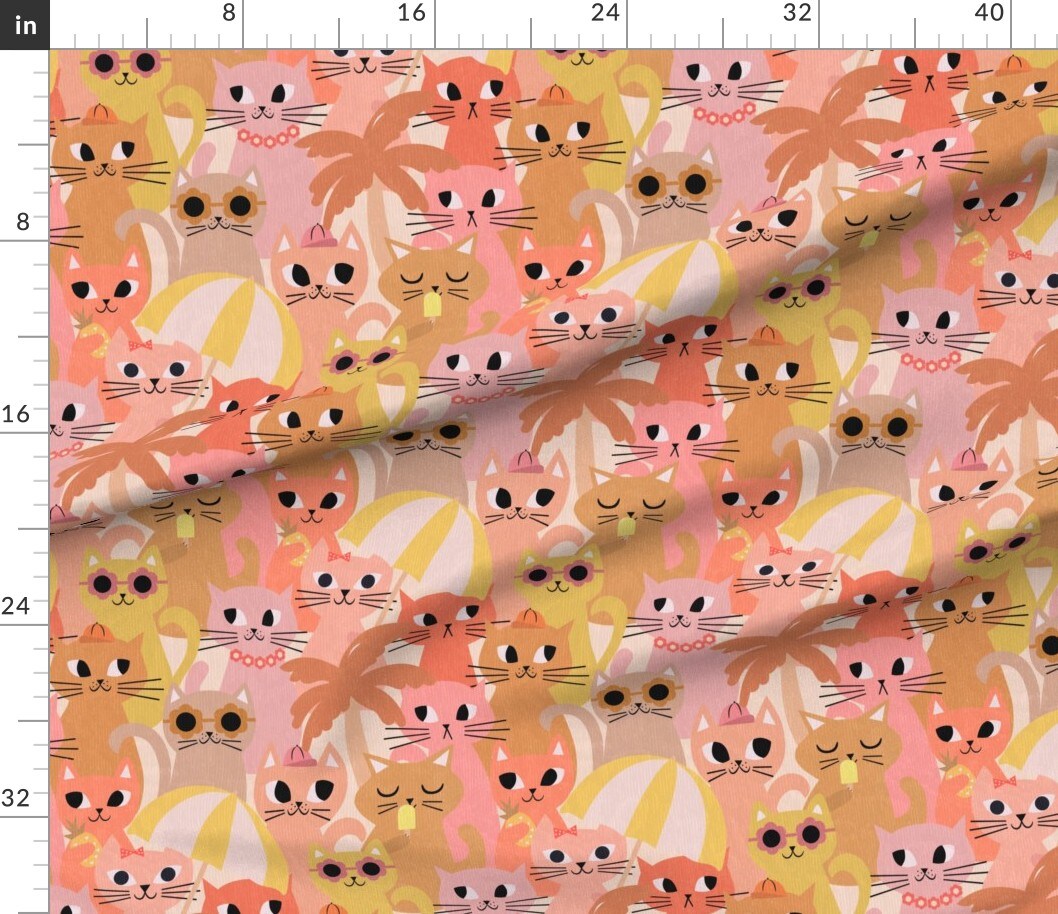 Pink Cat Beach Vacation Summer Sunglasses Umbrella Palm Tree Coral Yellow Custom Printed Fabric by Spoonflower Various Fabrics by the Yard or Fat Quarter