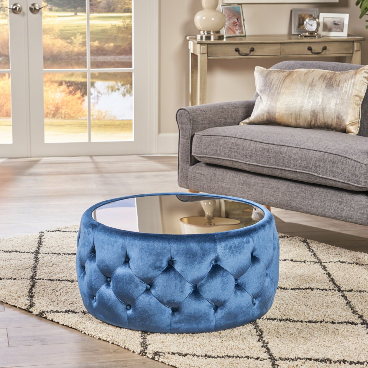 GDFStudio Ivy Glam Velvet and Tempered Glass Coffee Table Ottoman