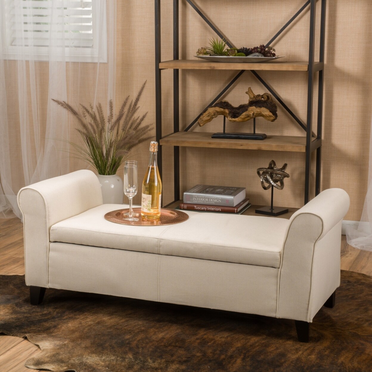 GDF Studio Danbury Beige Fabric Armed Storage Ottoman Bench