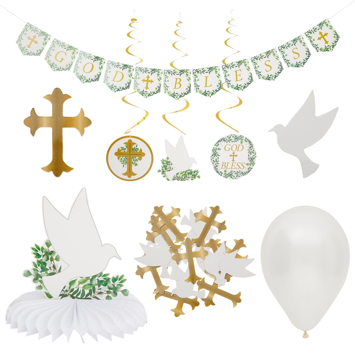 Baptism Decorations Party Set with Hanging Swirls, God Bless Banner, Balloons, Confetti, Centerpiece (58 Pieces)