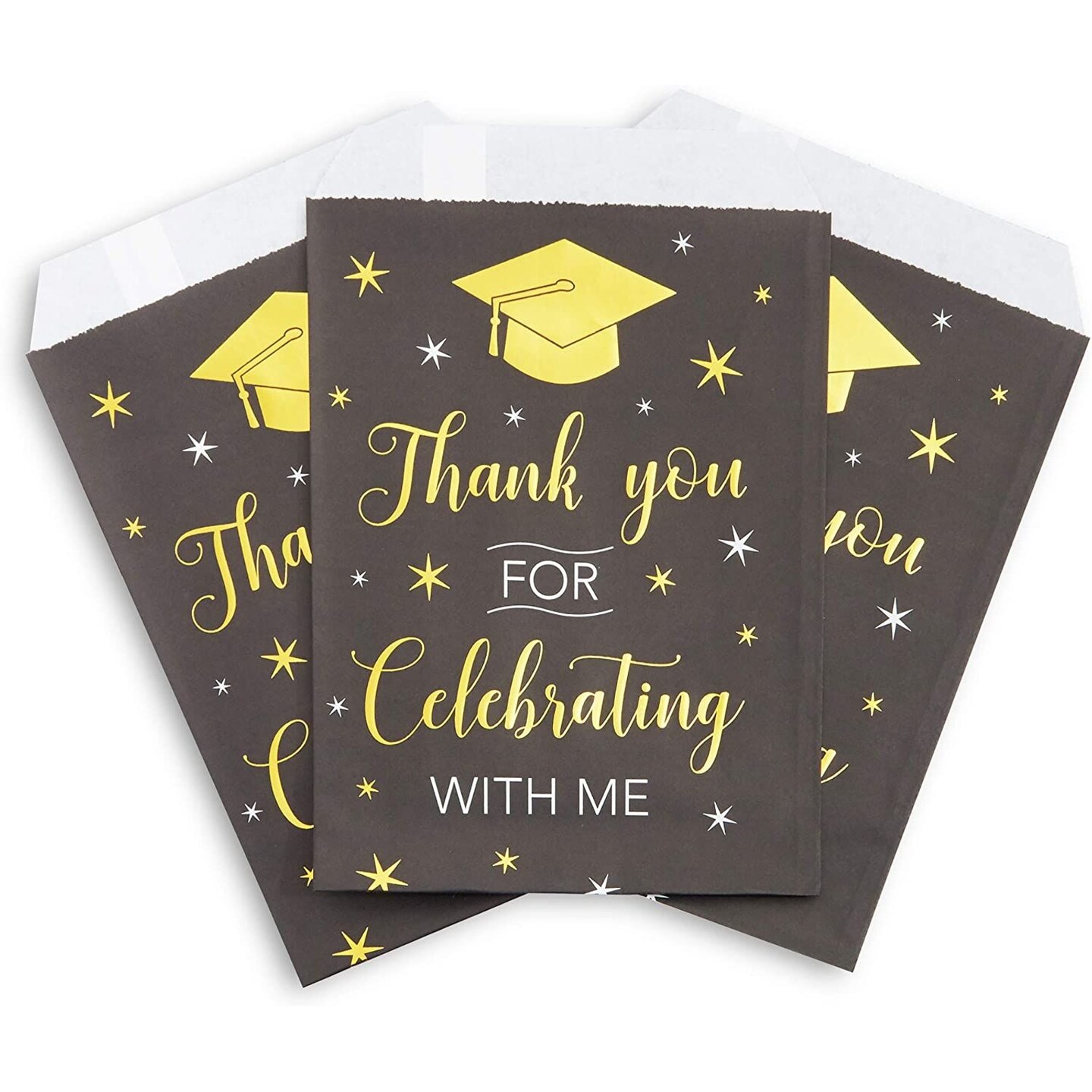 100 Pack Graduation Paper Gift Bags, Black and Gold Grad Cap Kraft Treat Bag for Class of 2025 Grad Party Favors, 5 x 7.5 in