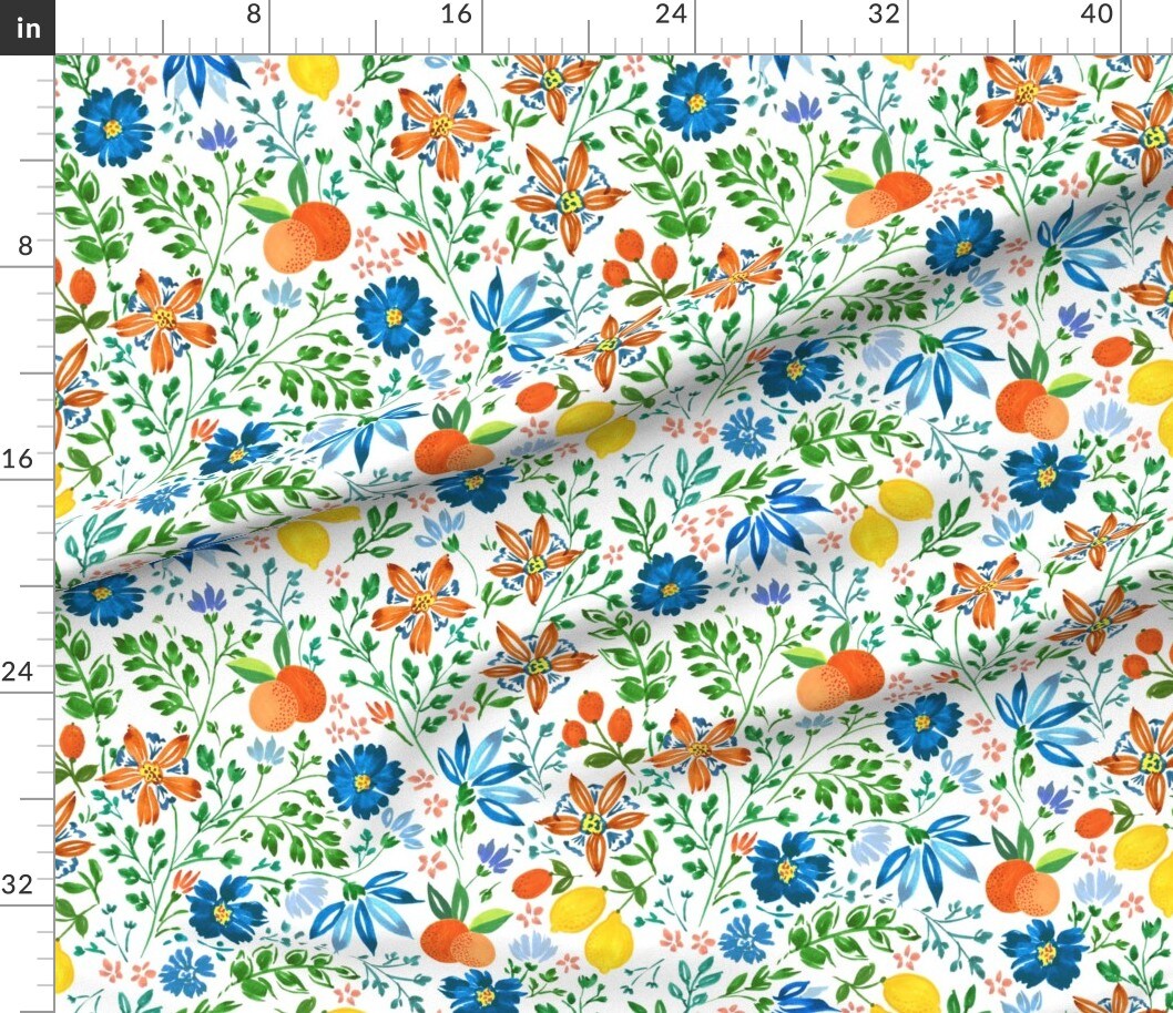 Botanical White Green Blue Lemons Oranges Custom Printed Fabric by Spoonflower Various Fabrics by the Yard or Fat Quarter