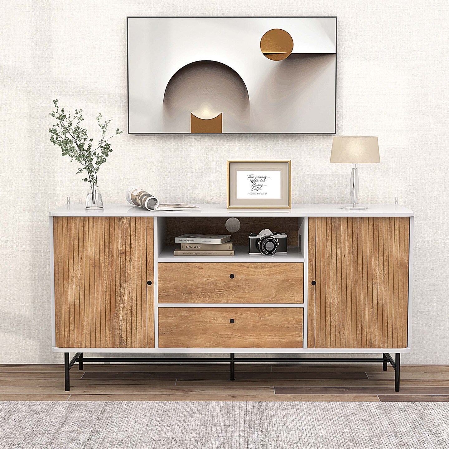 Costway Buffet Sideboard Versatile TV Stand with Sliding Tambour Doors & 2 Storage Drawers
