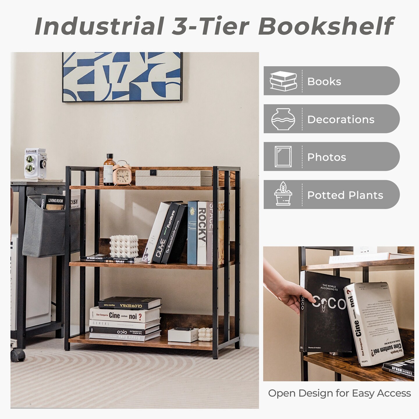 Costway 3-Tier Industrial Metal Frame Corner Bookcase with Adjustable Shelves Rustic Brown