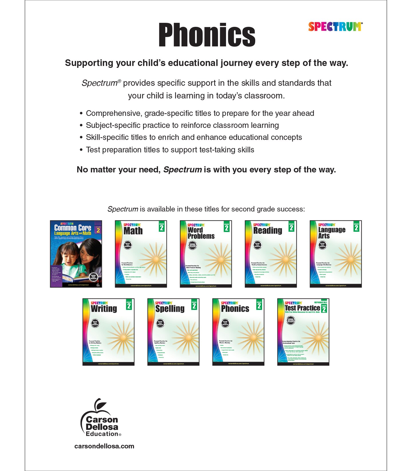Spectrum Grade 2 Phonics Workbook, Sight Words Vocabulary, Vowels, Blends, Spelling, Grammar, and More, Language Arts Classroom or Homeschool Curriculum