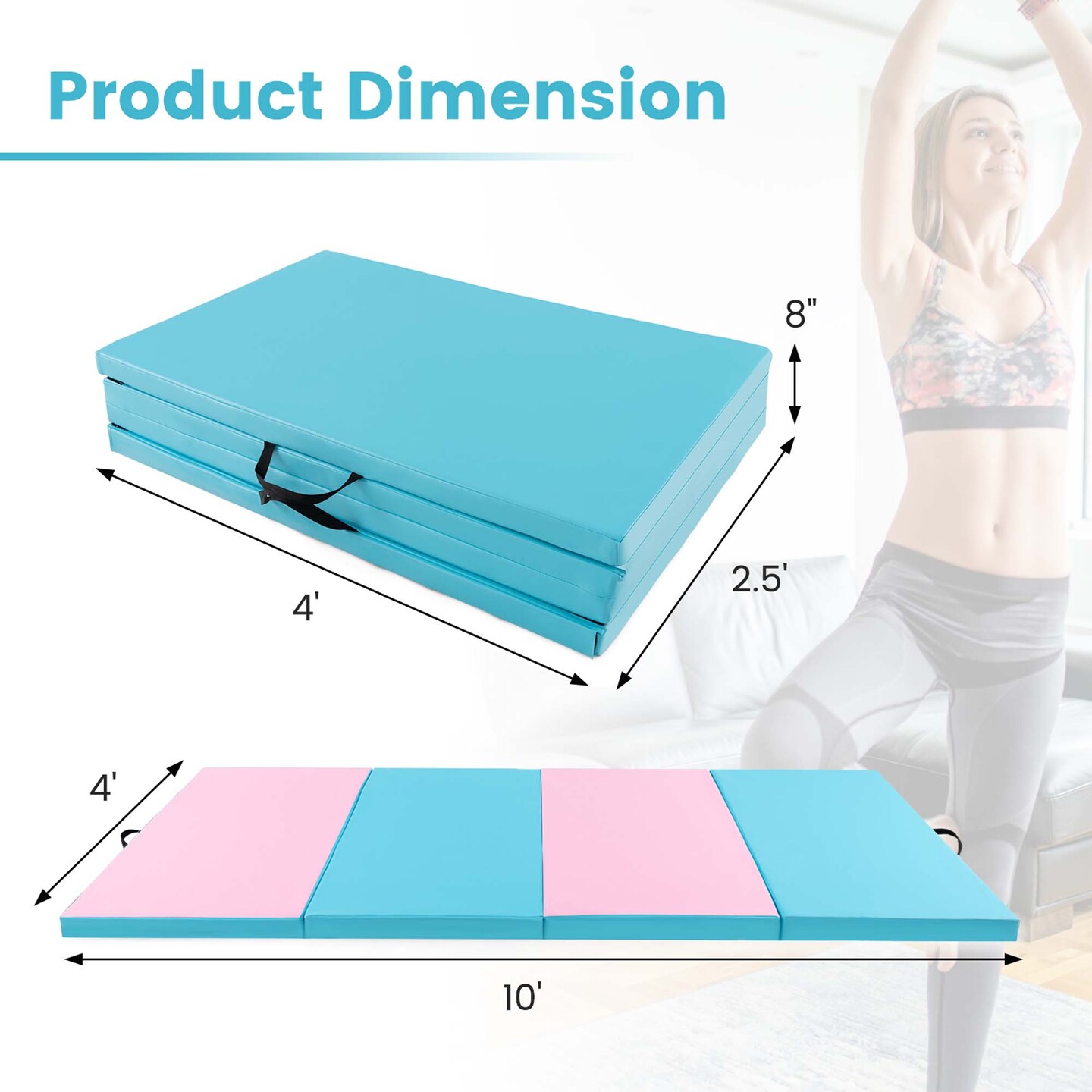 Costway 10' x 4' x 2" 4-Panel Folding Exercise Mat with Carrying Handles for Gym Yoga Black/Blue/Navy/Colorful/Pink&Blue/Pink/Light Pink/Navy