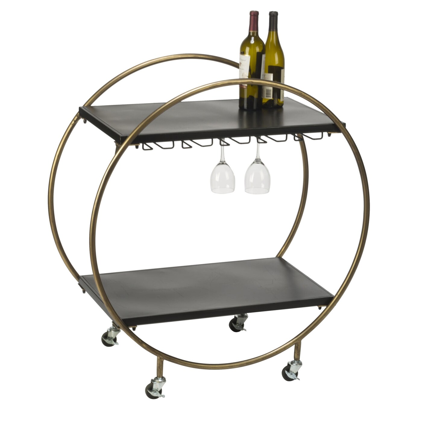Tripar International 37.25&#x22; Black and Gold Rolling Bar Cart Round Metal Frame and 2 Wooden Shelves
