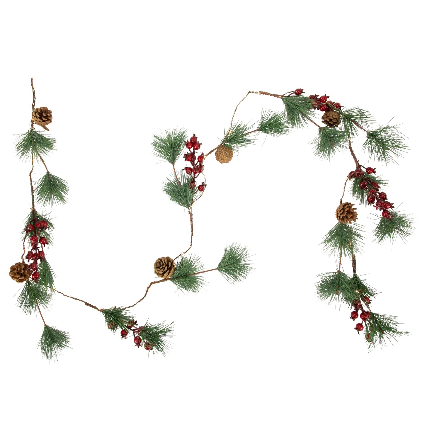 Northlight Pre-Lit Battery Operated Pine and Berry Christmas Garland - 6.5&#x27; - Warm White LED Lights