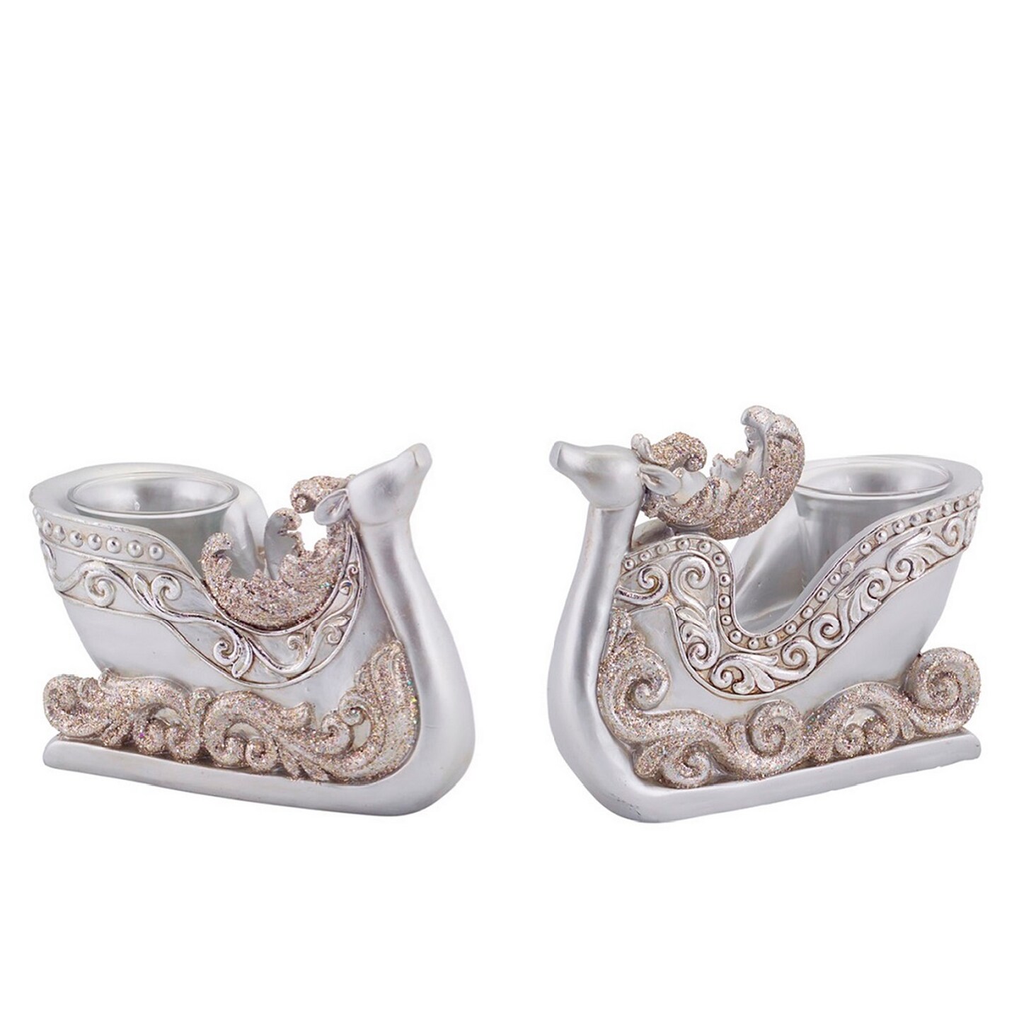 Diva At Home Set of 2 Silver Reindeer Sleigh Christmas Tea Light Candle Holders 4.5&#x22;