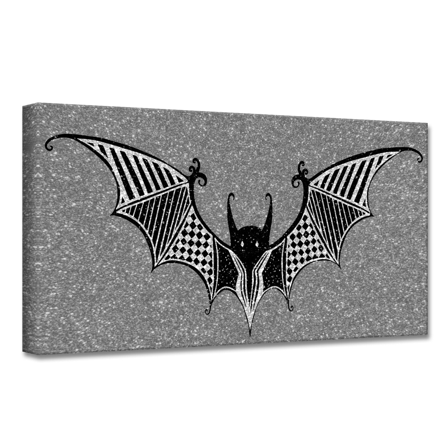 Crafted Creations Gray and Black Glamoween Bat II Canvas Halloween Wall Art Decor 8&#x22; x 16&#x22;