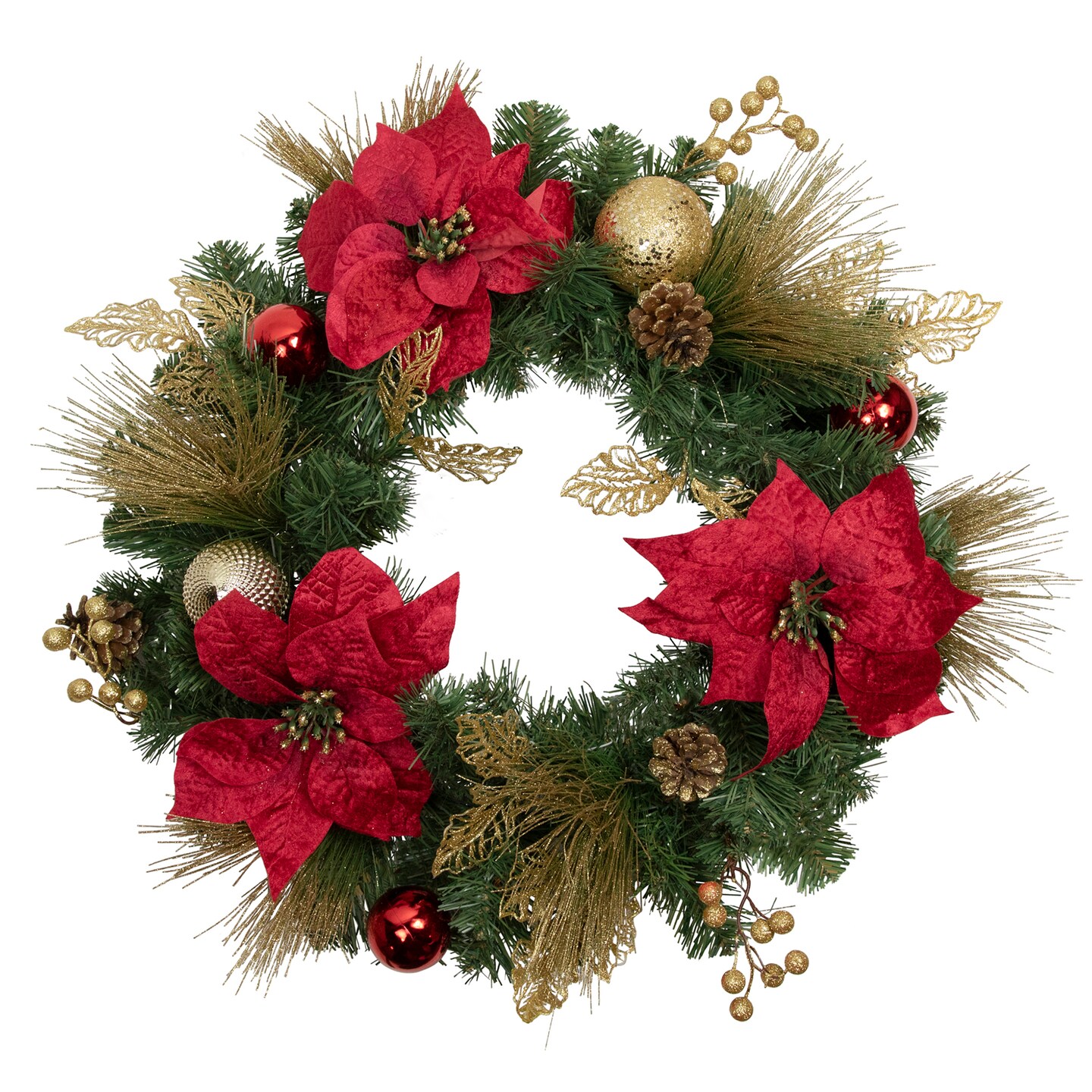 Northlight Poinsettias and Ball Ornaments Artificial Christmas Wreath - 24&#x22; - Unlit