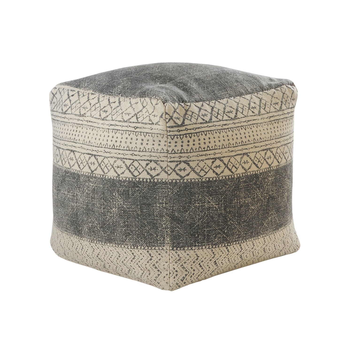 Laddha Home Designs 20&#x22; Gray and Beige Geometric Handmade Square Pouf Ottoman
