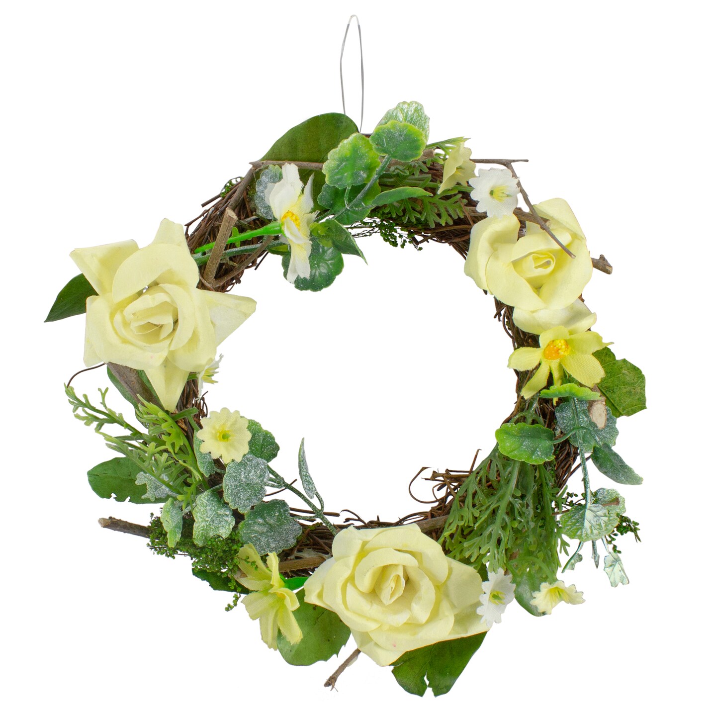 Northlight Mini Rose and Foliage Spring Wreath, Yellow 7&#x22;