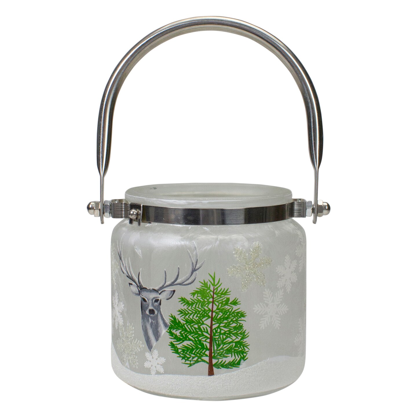 Northlight 4&#x22; Deer, Pine and Snowflakes Hand Painted Flameless Glass Candle Lantern
