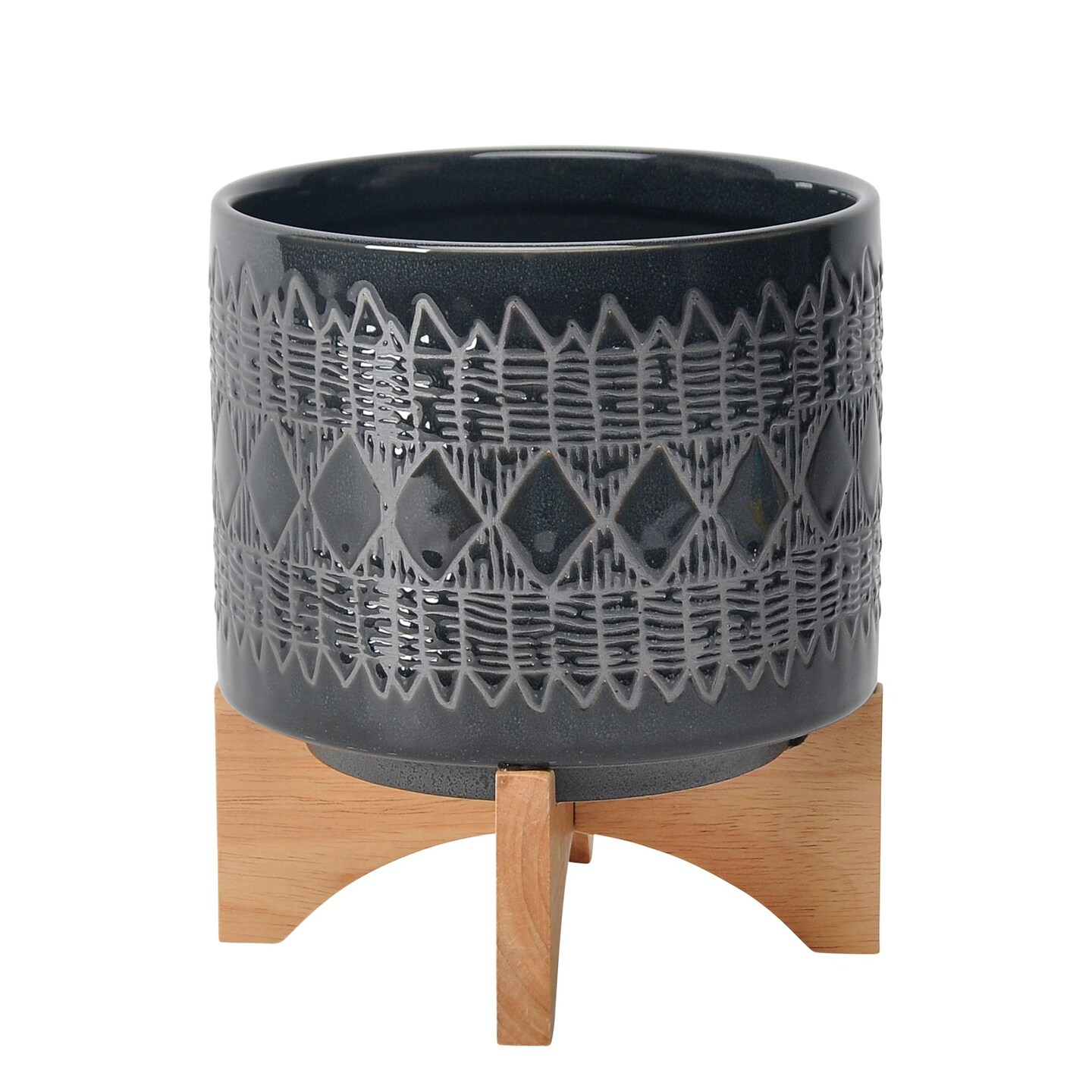 Kingston Living Aztec Ceramic Planter on Stand - 9&#x22; - Black and Beige