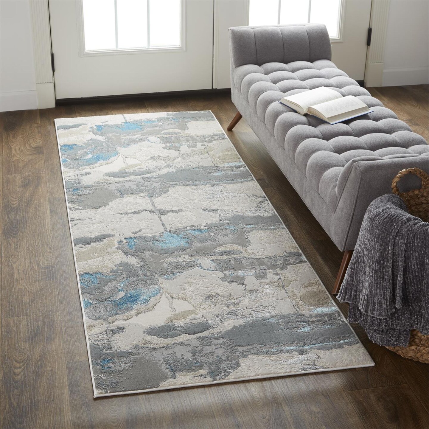 Feizy Home Collection 2.75&#x27; x 7.75&#x27; Silver and Blue Metallic Marble Rectangular Rug Runner