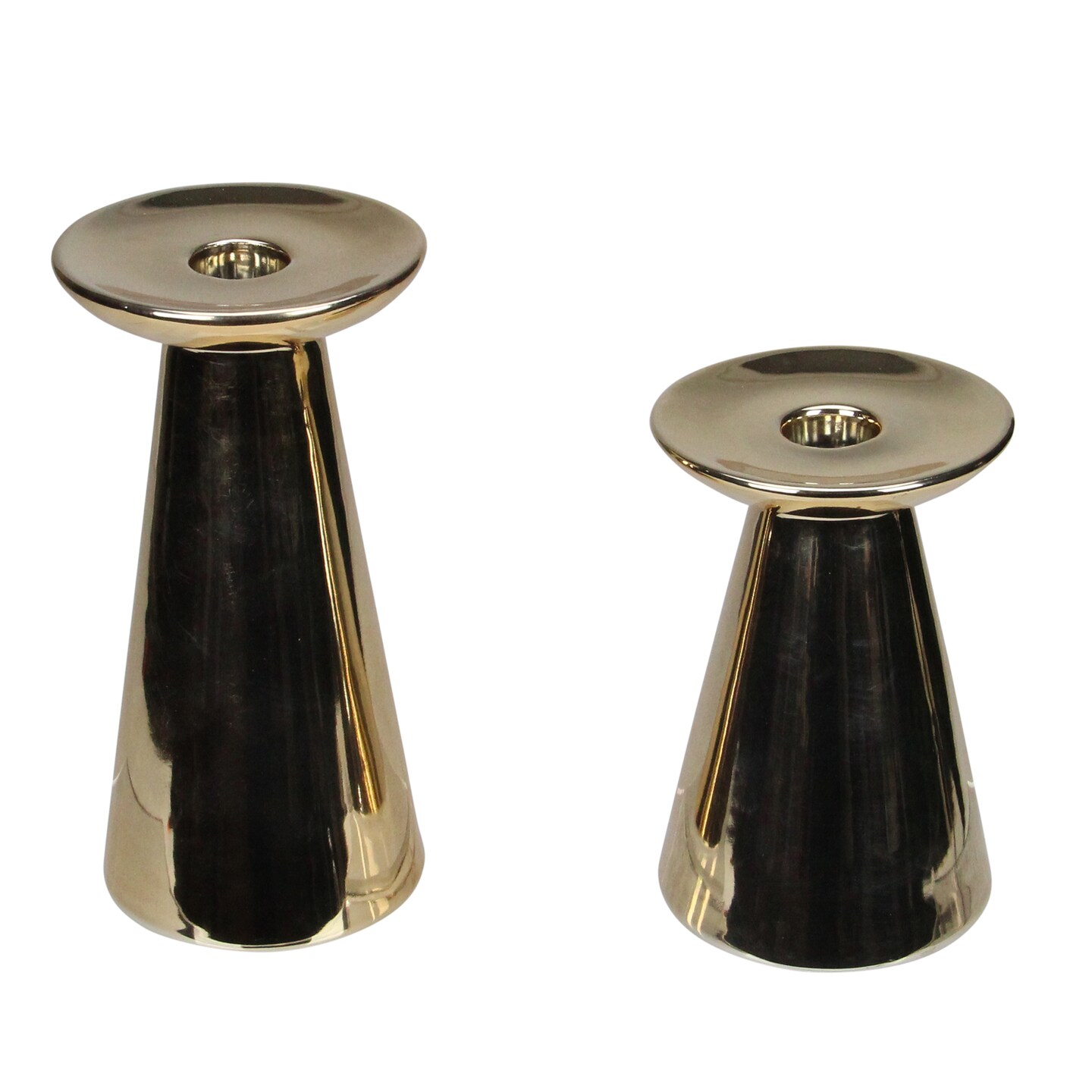 Raz Set Of 2 Shiny Gold Pedestal Taper and Votive Ceramic Candle Holders 7"