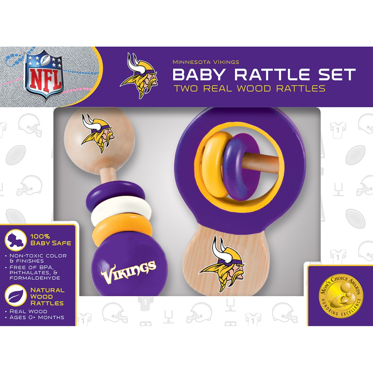 Baby Fanatic Wood Rattle 2 Pack - NFL Minnesota Vikings Baby Toy Set