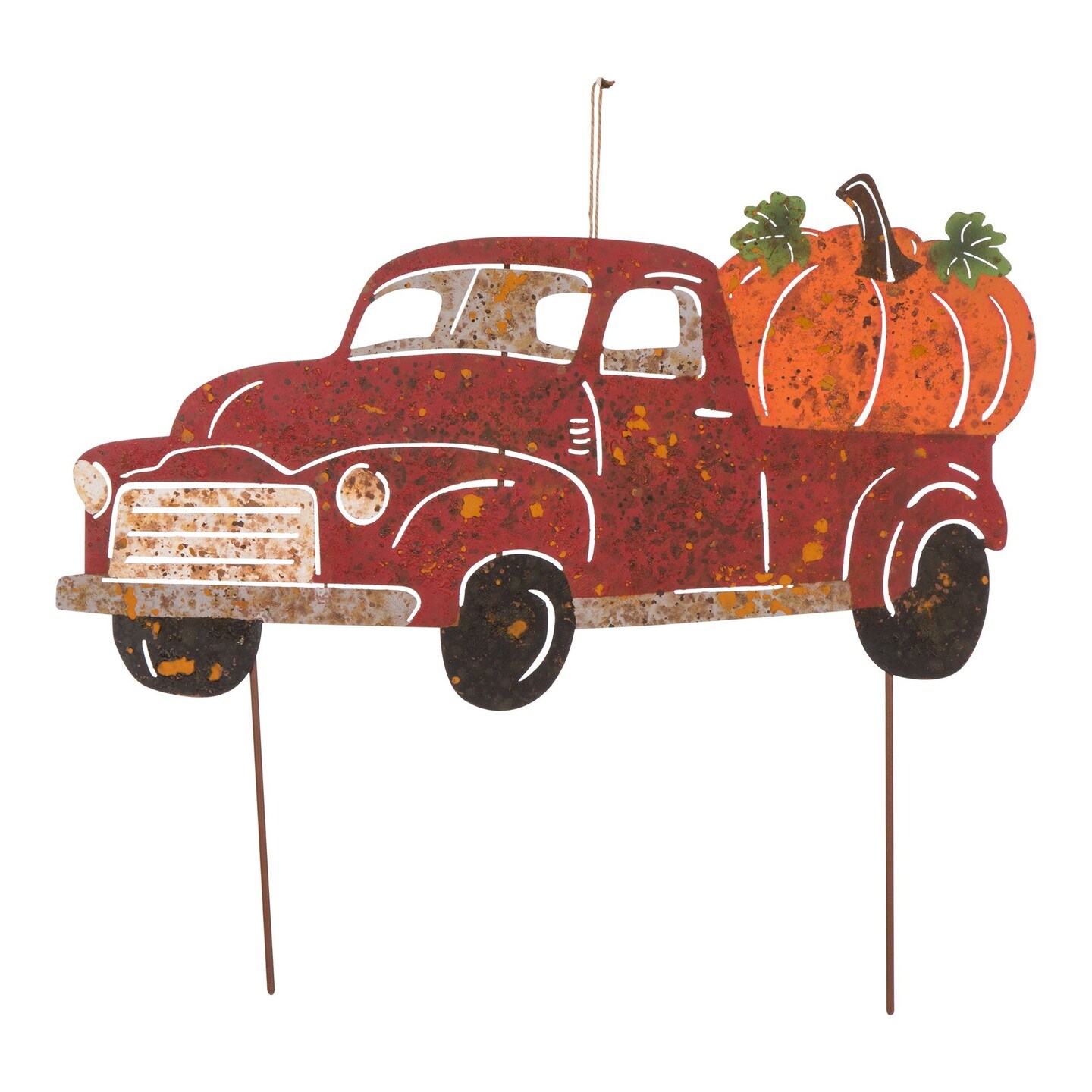 Glitzhome 25&#x22; Red and Orange Rusty Truck Outdoor Yard Stake Thanksgiving Decor