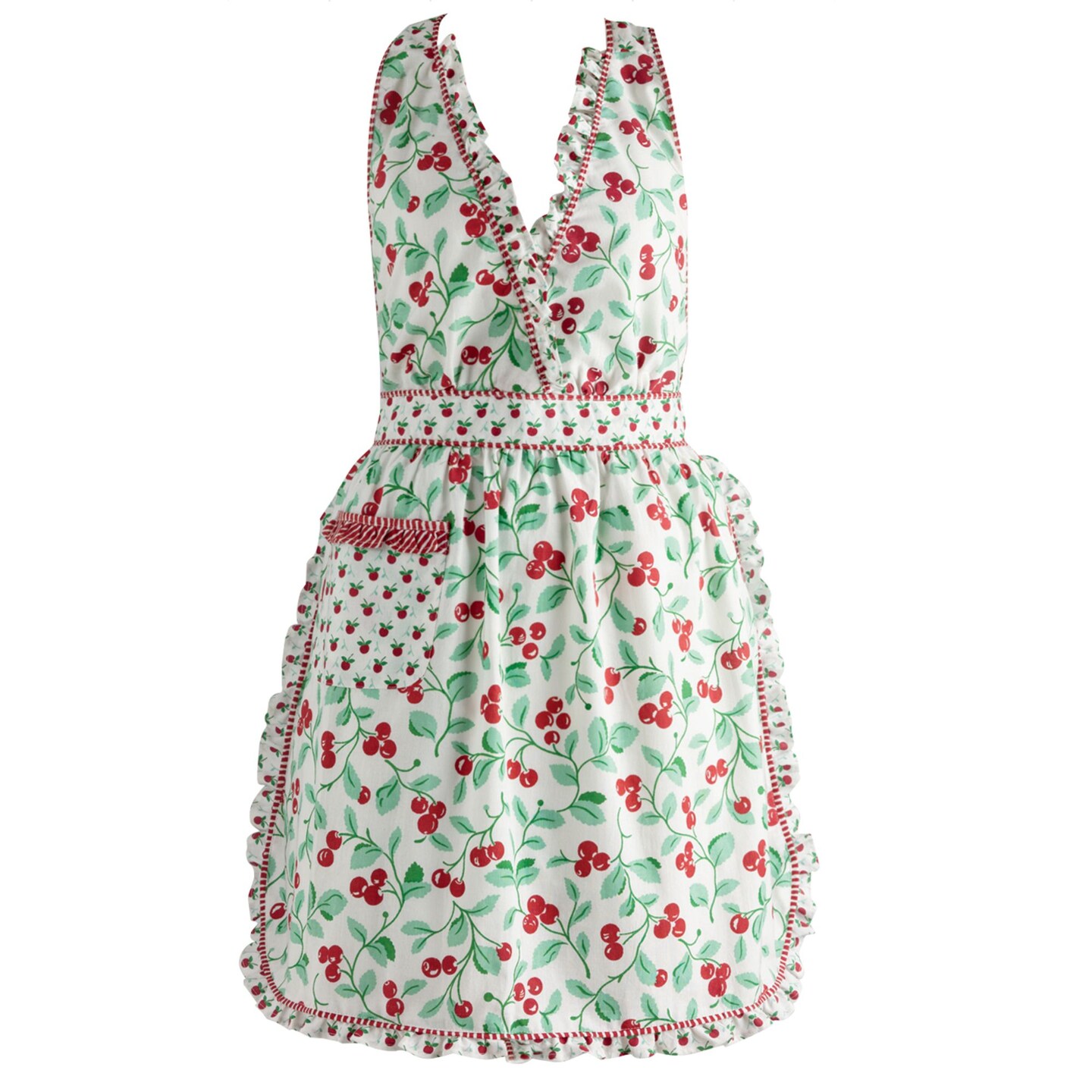Contemporary Home Living Vintage Style Red and Green Cherry Apron with Pocket 35&#x22;