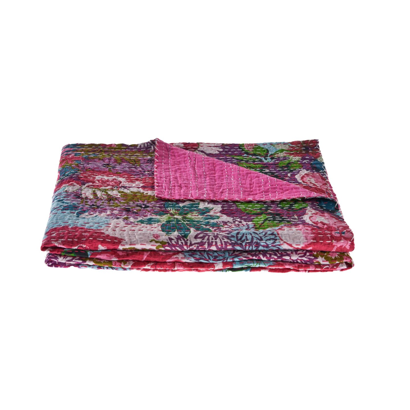 Laddha Home Designs Pink and Blue Floral Handmade Throw Blanket 50&#x22; x 70&#x22;