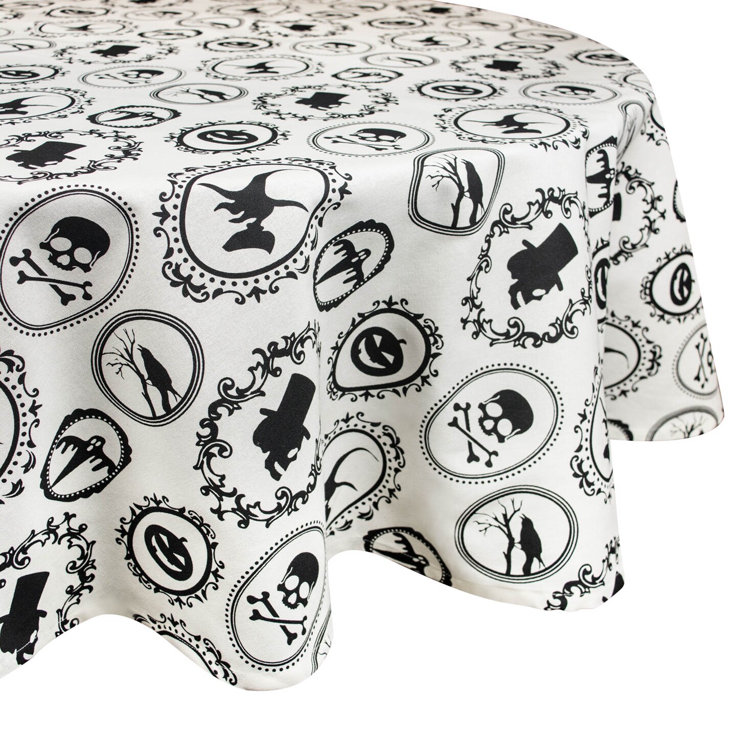 Contemporary Home Living 70" White and Black Halloween Themed Round Tablecloth