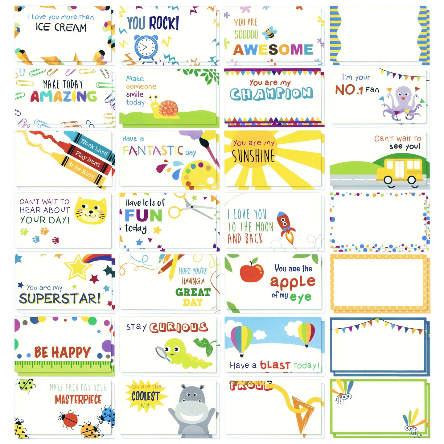 60-Pack Motivational Lunch Box Notes for Kids, Single-Sided Blank Inspirational Cards in 30 Designs, Cute, Encouraging Joke Cards for Lunchbox Essentials (2x3.5 in)