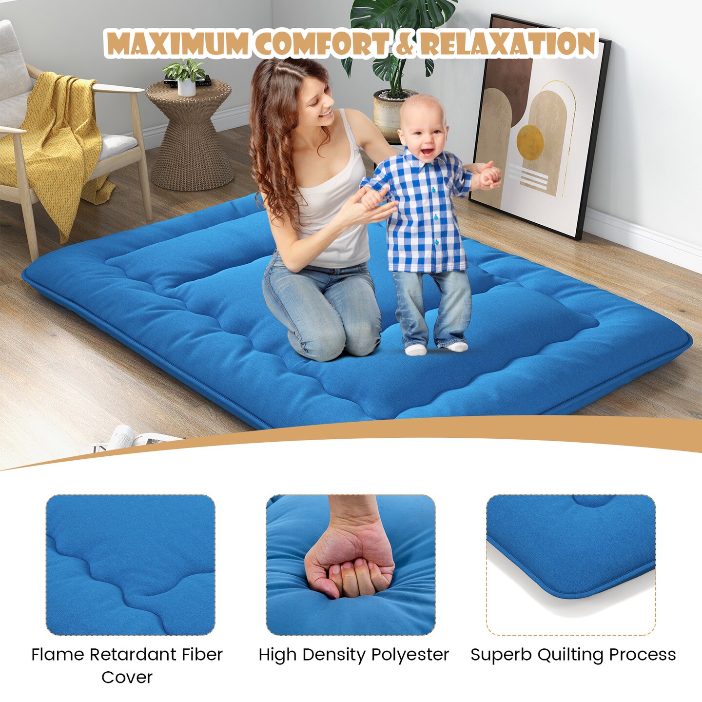 Costway Full/King/Queen/Twin Futon Mattress Japanese Floor Sleeping Pad Washable Cover Carry Bag Blue