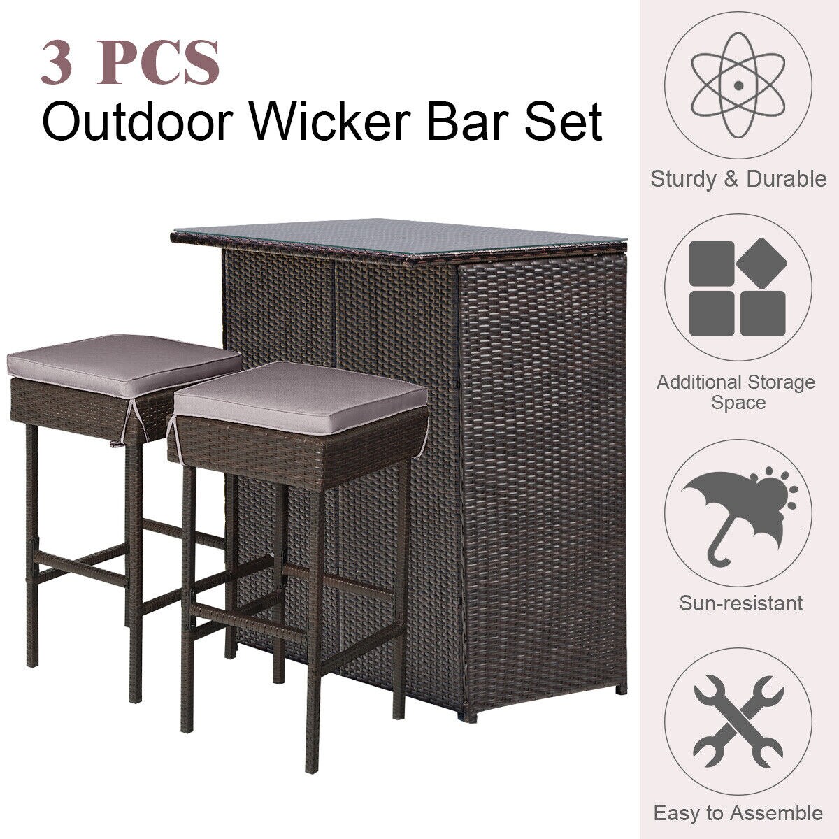 3-piece Rattan Wicker Bar Table Stools Dining Set Cushioned Chairs