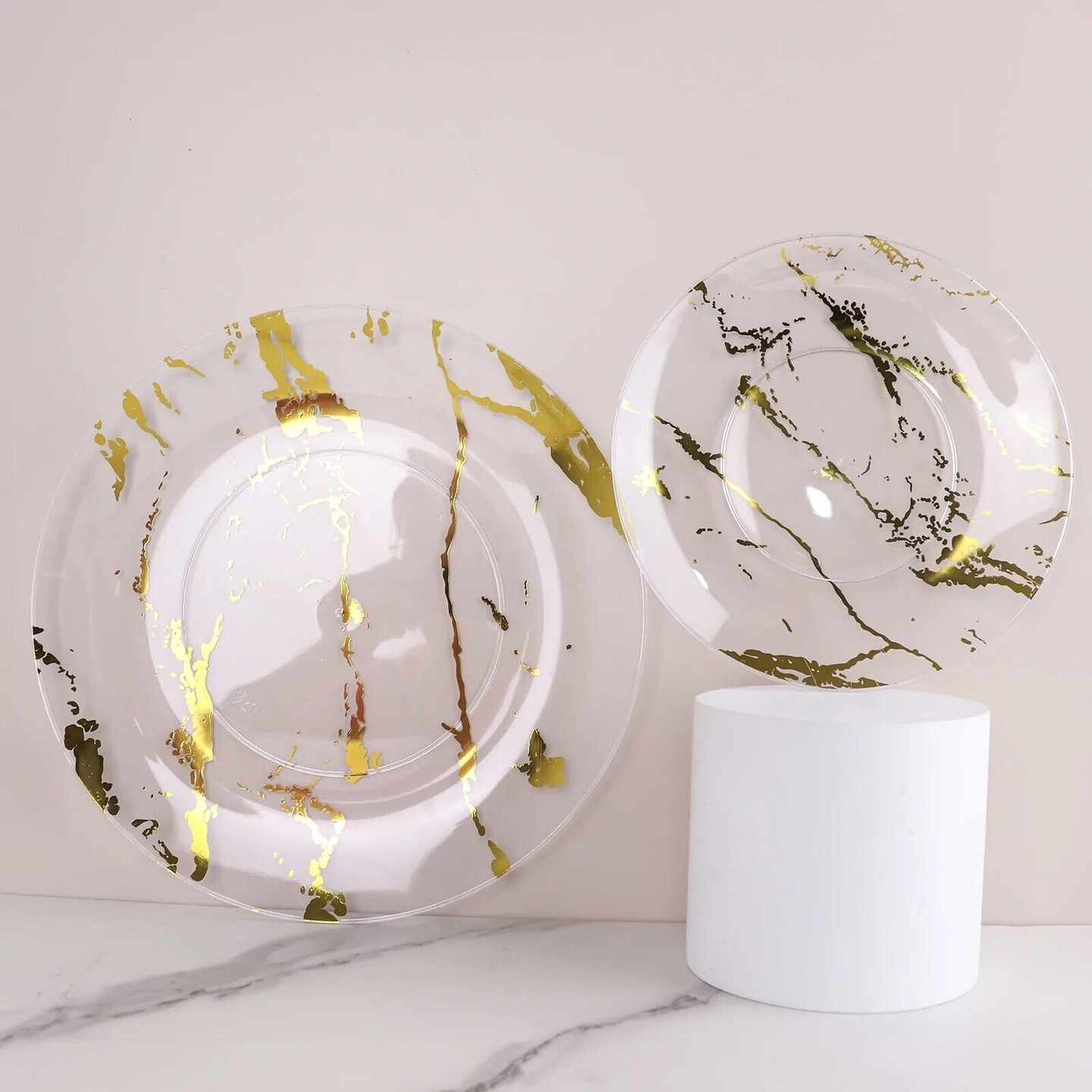 10 Clear Gold 8&#x22; Disposable Marble Plastic SALAD PLATES