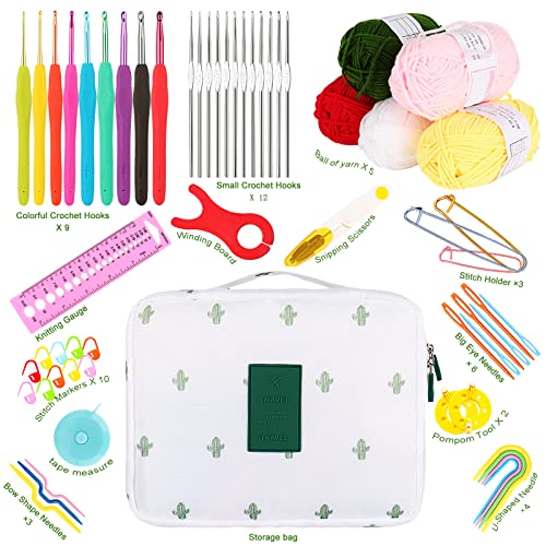 58 Piece Crochet Kit with Yarn and Knitting Accessories Set, Cute Knitting Kit for Beginners Include Soft Grip Crochet Hooks, Lace Crochet Needles, Crochet Yarn Balls, Cable Needles & More