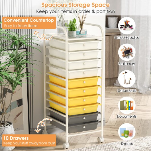 10 Drawer Rolling Storage Cart Organizer with 2 Lockable Casters