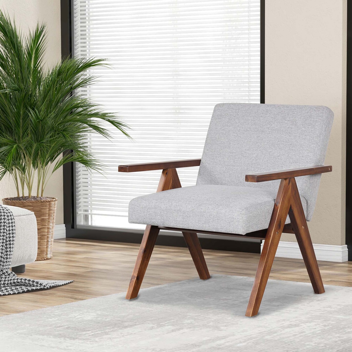 Costway 1 PCS Modern Accent Chair Linen Fabric Armchair with Solid Acacia Wood Frame Beige/Grey