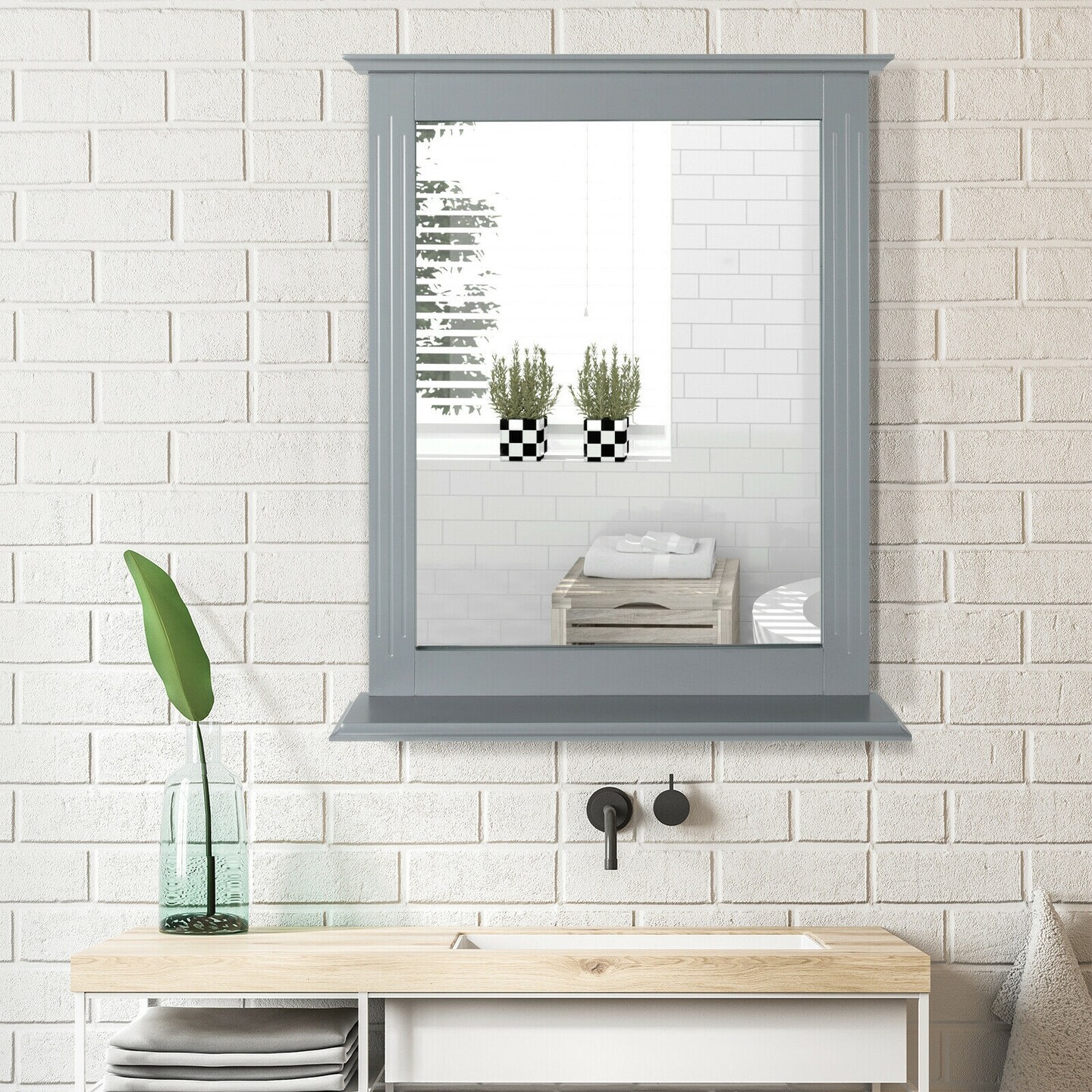 Space Saving Wall-Mounted Bathroom Vanity Mirror with Bottom Shelf Suitable for Any Room