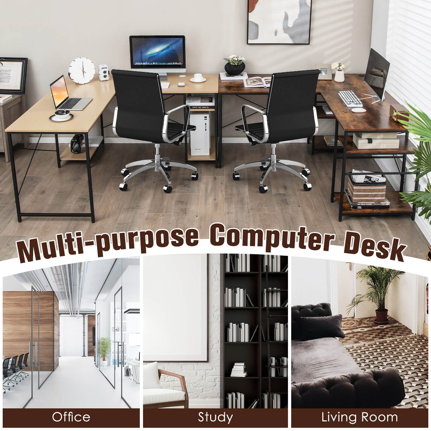L Shaped Computer Desk with 4 Storage Shelves and Cable Holes