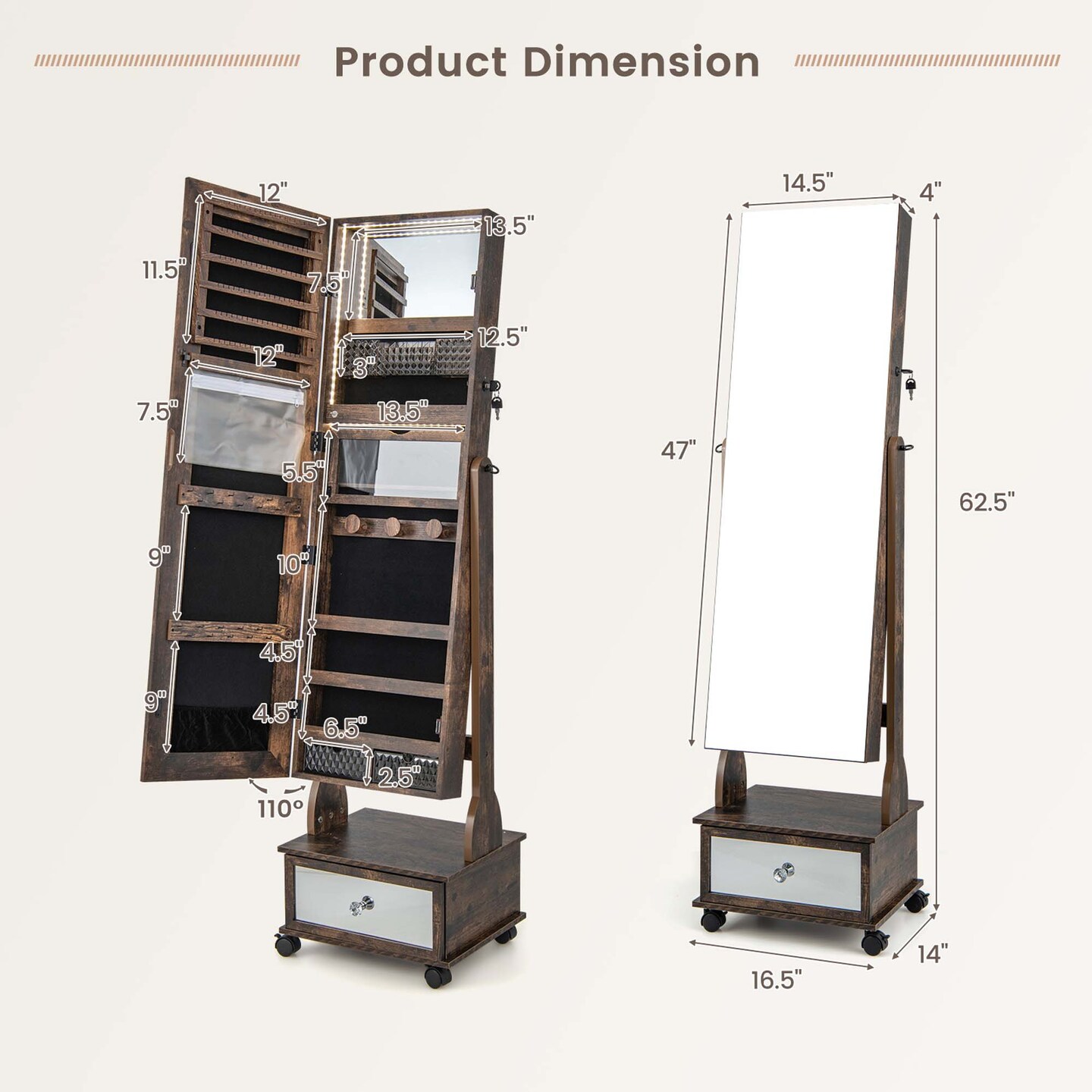 Costway Jewelry Cabinet Armoire Full-Length Mirror Lockable with 3-Color LED Lights Brown/Coffee/White