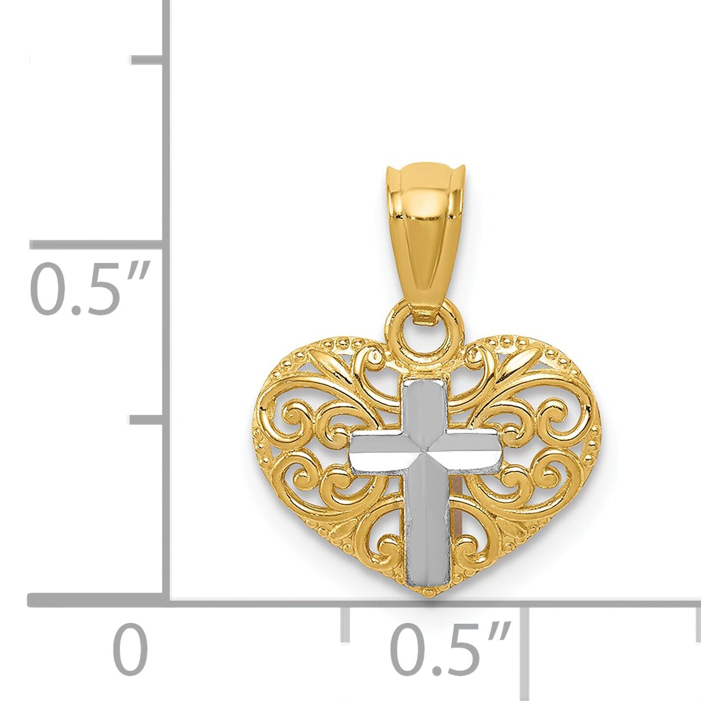 14K Two Tone Gold Cross Heart Charm Jewelry Pendant 16mm x 12mm
