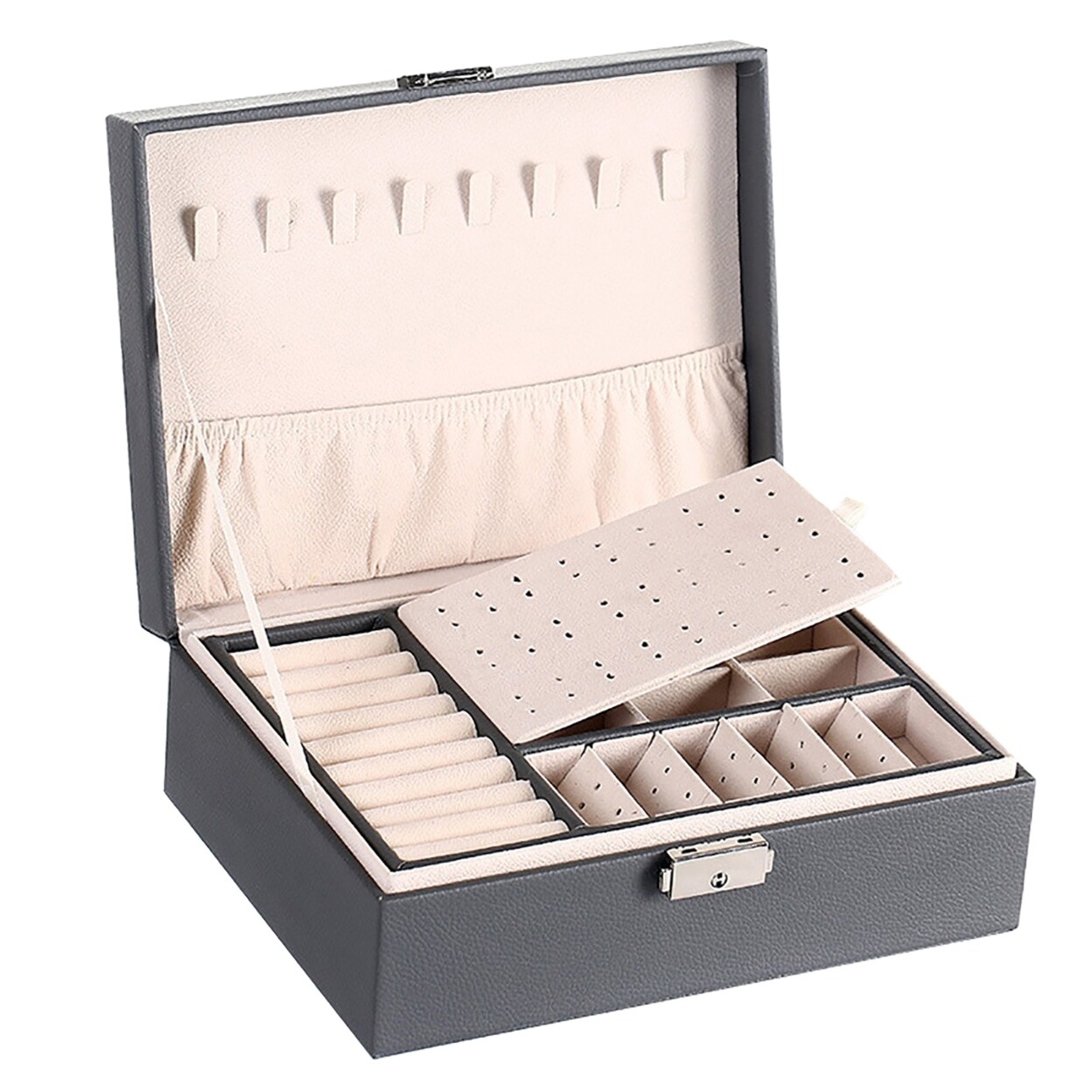 Amazon.com: Frebeauty Earring Organizer Classic Jewelry Box 50 Slots Double  Layer Jewelry Storage Case with 6 Necklace Hook and Bracelet Pocket(Grey) :  Clothing, Shoes & Jewelry