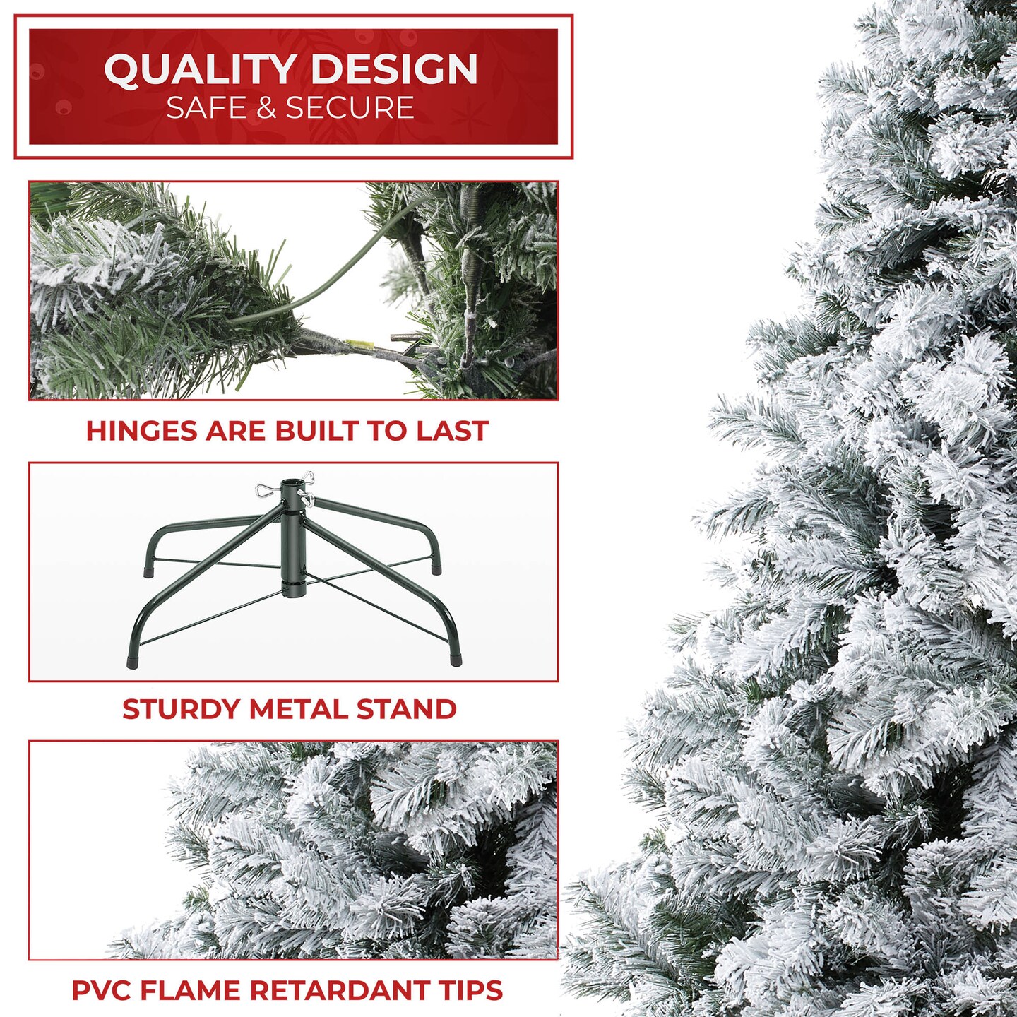 Casafield Realistic Snow-Flocked Pine Artificial Holiday Christmas Tree with Sturdy Metal Stand