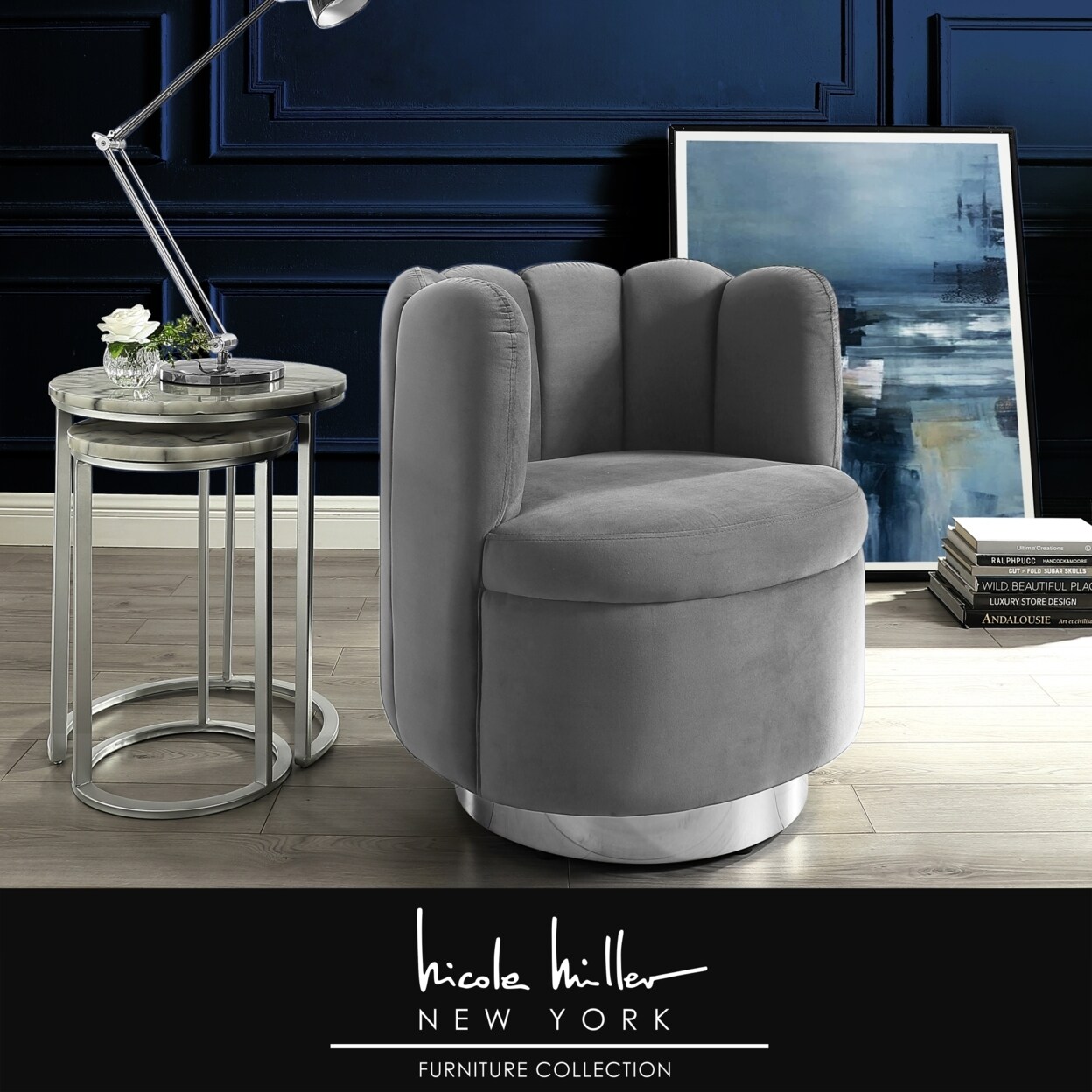 Nicole Miller   Flynn Velvet Swivel Accent Chair-Channel Tufted Back-Gold or Chrome Base