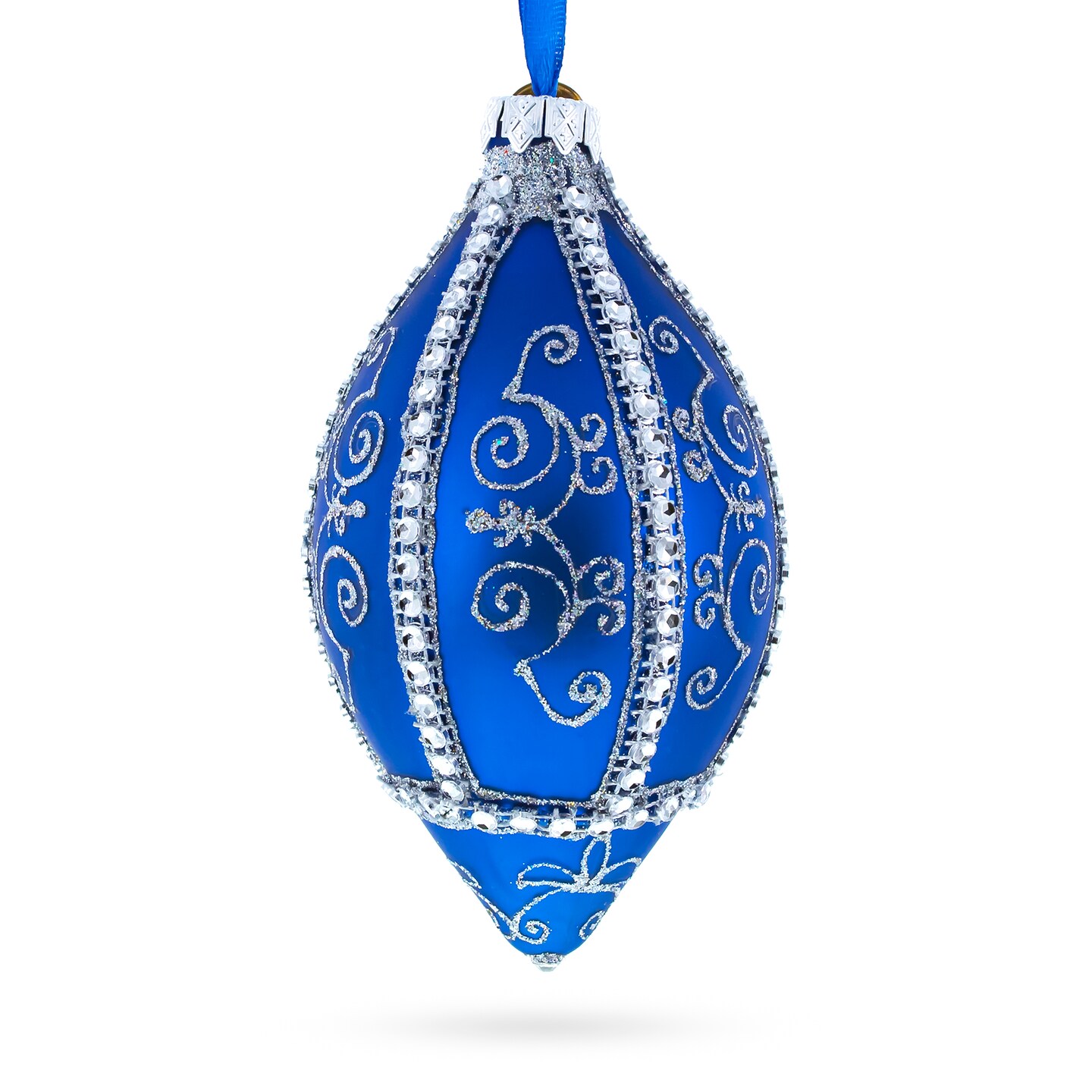 Jeweled Pattern on Blue Pointed Teardrop Finial Glass Christmas Ornament
