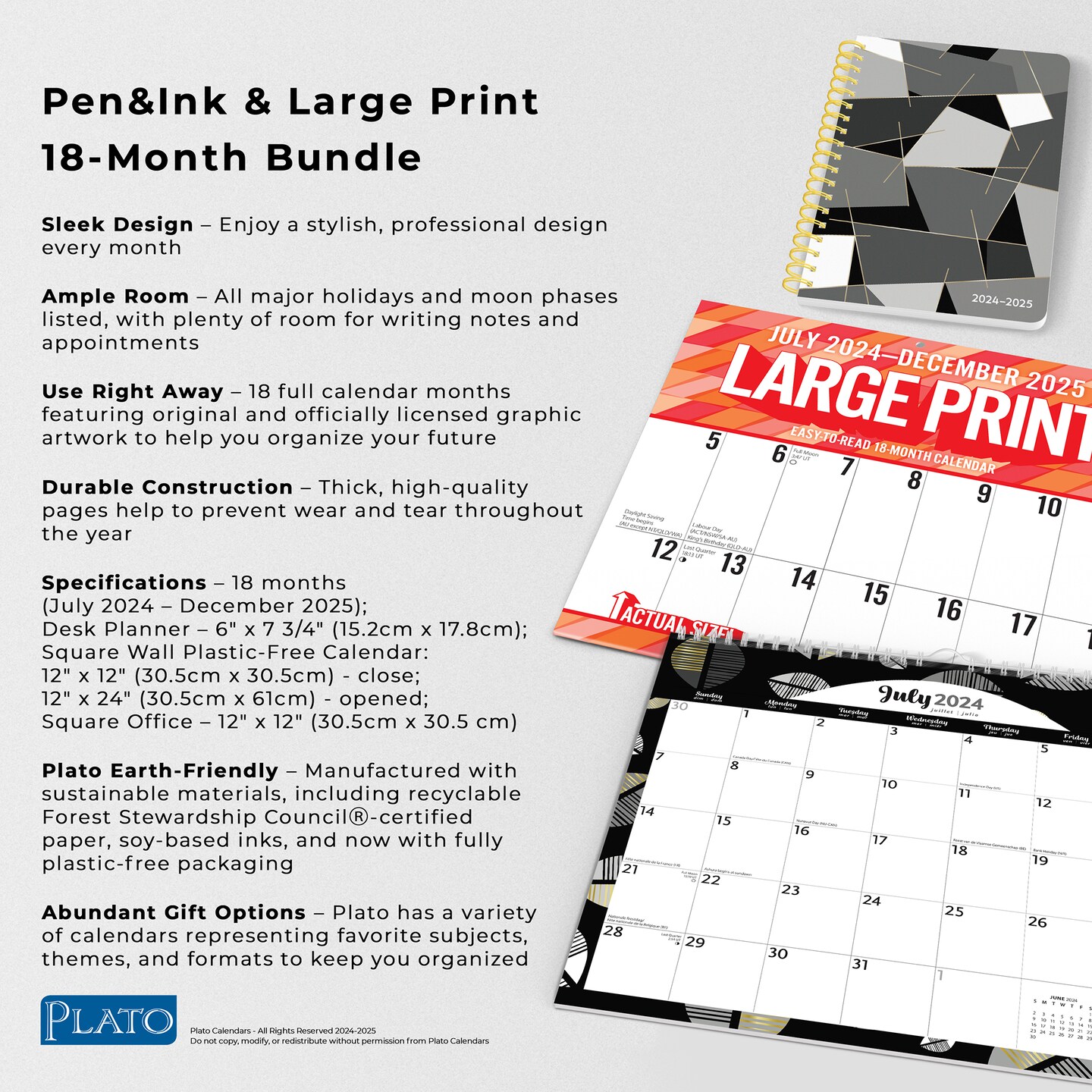 Pen &#x26; Ink and Large Print 2025 18 Months Bundle | Desk Planner, Square Wall, and Square Wire-O Calendar | July 2024 - December 2025 | Plato | Family Stationery Design