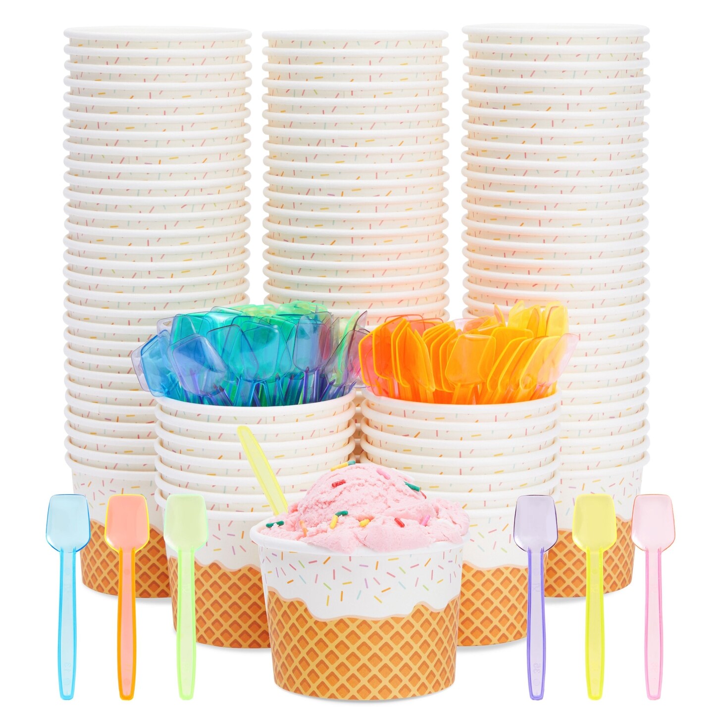 100 Pack Ice Cream Cups with Spoons, Disposable Dessert Bowls for Sundae Bar, Frozen Yogurt (8 oz)